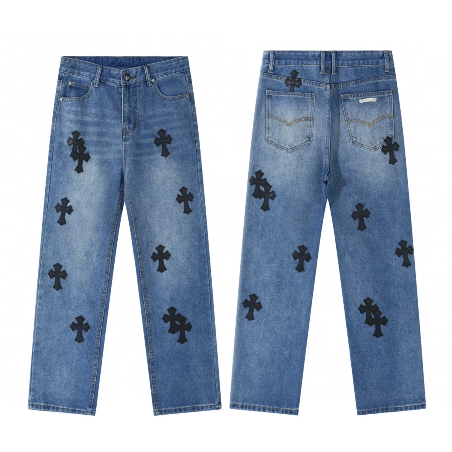 P236 💰 (Top version) Chrome Heart cross patchwork leather jeans Top heavy washing process Calfskin laser cut cross Distressed silver hardware Straight version slimming the upper body High-end quality distinguishes the market currency Color: blue and black Size: 28 30 32 34 36 (corresponding to S-M-L-XL-XXL) Corresponding size｜S-XXL
